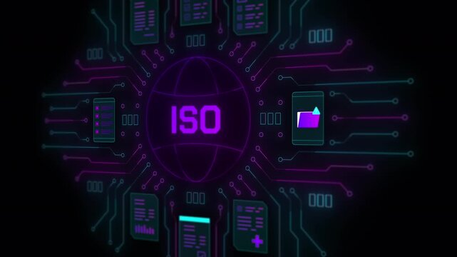 Perspective view of ISO certification logo with connected data folders and technical document icons in cyberspace.