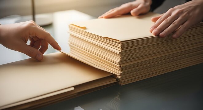 Two individuals are seen handling a substantial stack of manila folders and documents, symbolizing administrative processes and paperwork.