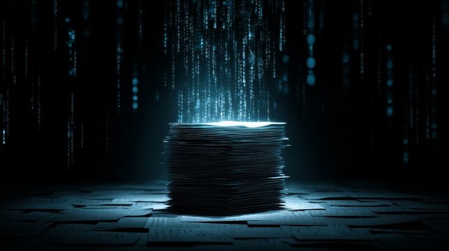 Stack of paper documents converting into glowing blue binary code streams