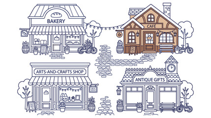 Fototapeta premium Shop buildings facade set in line art style with vintage town street design.
