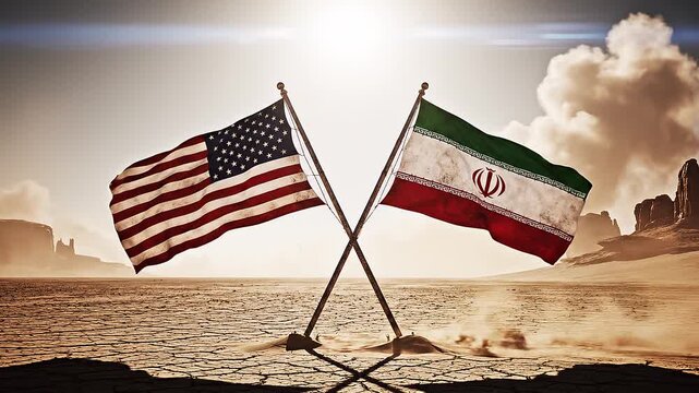 United States and Iran flags crossed in desert landscape beneath bright sun and scattered clouds, symbolizing interaction, rivalry, and complex relations in a dramatic neutral setting.