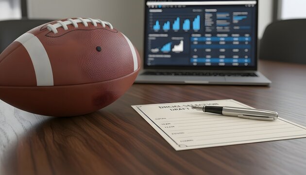 American football on office desk with draft paper and analytics laptop illustrating the business organization of professional sport concept during the nfl draft