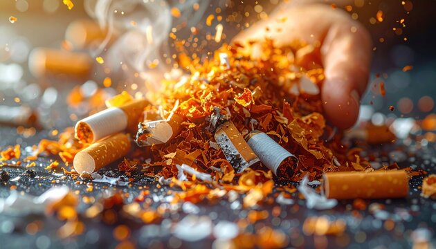Crushed Cigarette Remnants With Smoke and Embers Scattered Upwards