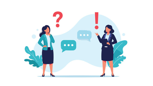 Two business women engaged in a conversation with speech bubbles and symbols representing questions and answers in professional communication.