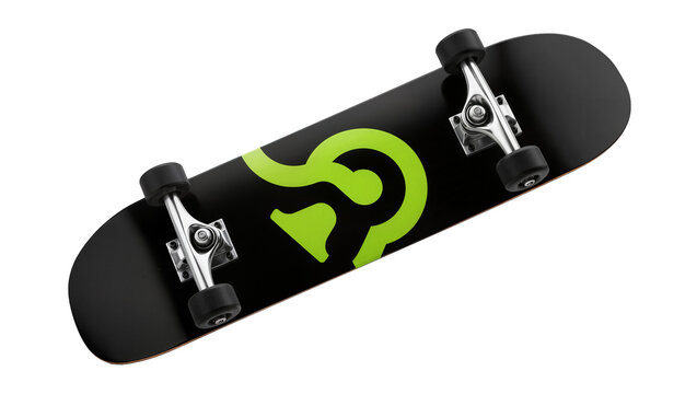 Black skateboard with neon green abstract graphic, isolated on transparent background