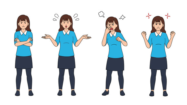 Young woman character in a blue shirt shown with several angry facial expressions and frustrated body language poses for negative emotions.