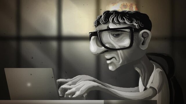 sad office worker experiencing burnout with flames emerging from head while working at computer