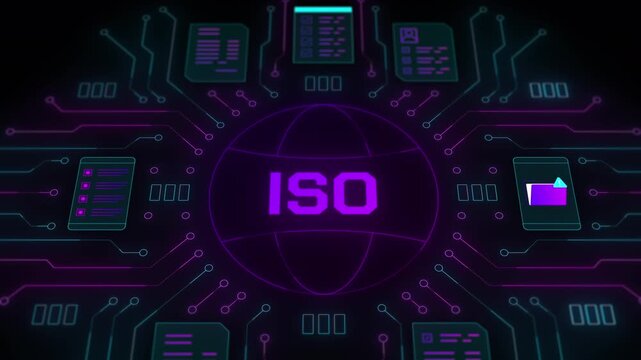 Perspective view of the ISO logo on a digital globe representing worldwide adoption of technical and quality standards.