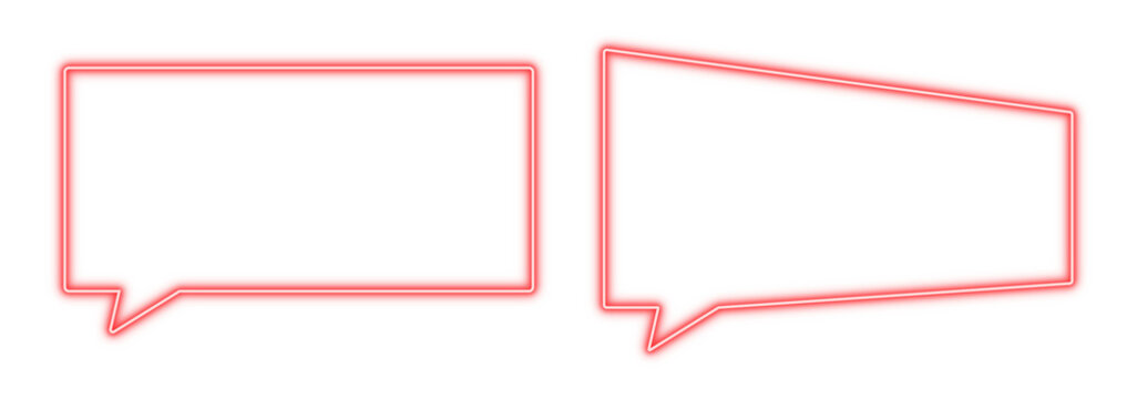Red neon speech bubble light frame set, glowing crimson chat box message icons with tail, electric luminous rectangle callout borders on dark background for marketing