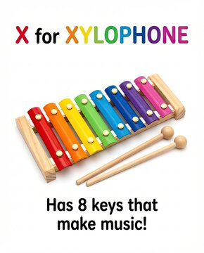 Niche market focus Educational alphabet flashcard X for Xylophone for teaching phonics A colorful rainbow toy musical instrument for early childhood learning, preschool, and homeschooling