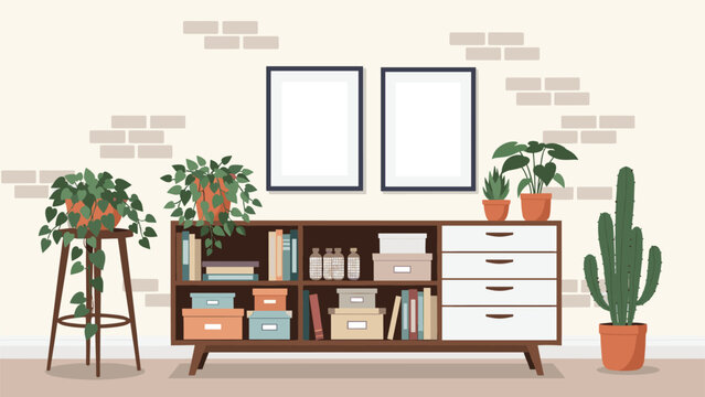 Interior view of a wooden storage unit decorated with multiple green potted plants and organized boxes against a white brick wall.