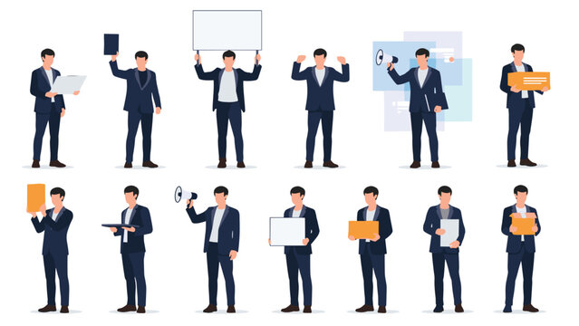 Collection of male office workers in dark suits holding various objects like placards, megaphones, and folders in different poses.