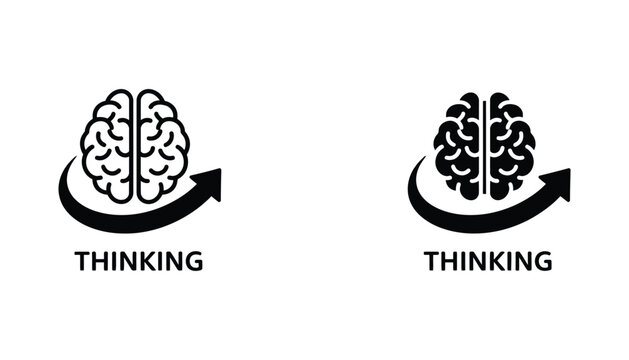 Thinking brain with circular arrow icon set featuring outline and solid black silhouette graphics for cognitive process or mental health awareness design