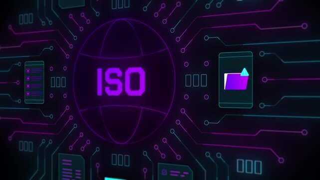 Rows of technical data modules and circuit patterns surrounding the central ISO quality standard symbol.