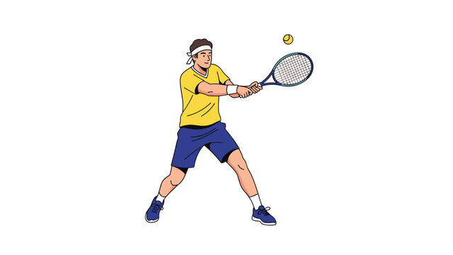 Young male tennis player in a bright yellow shirt and blue shorts focused on hitting the ball with a powerful two-handed stroke.
