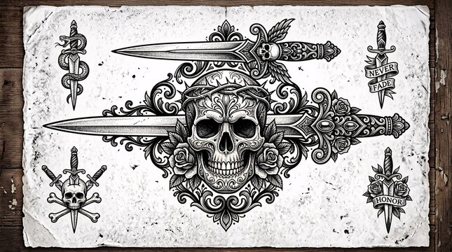 Skull dagger tattoo flash sheet blackwork vintage design collection