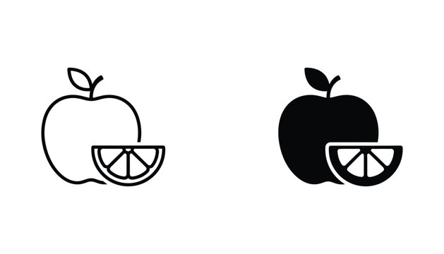 Fresh apple fruit icon with citrus slice detail in outline and solid black vector format for healthy eating and nutrition design projects