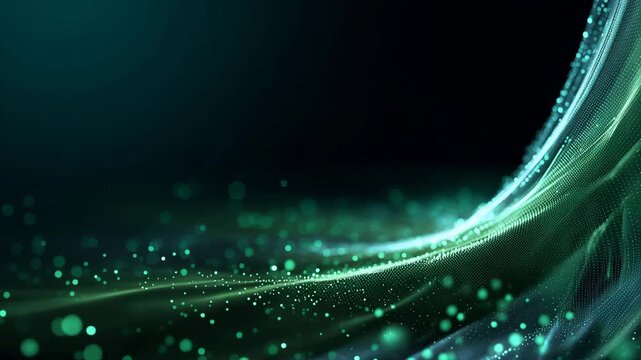 3D abstract glowing green wavy lines and bokeh particle light effects on a dark background. Digital render ideal for futuristic technology concepts, green energy, data flow, digital network transmissi