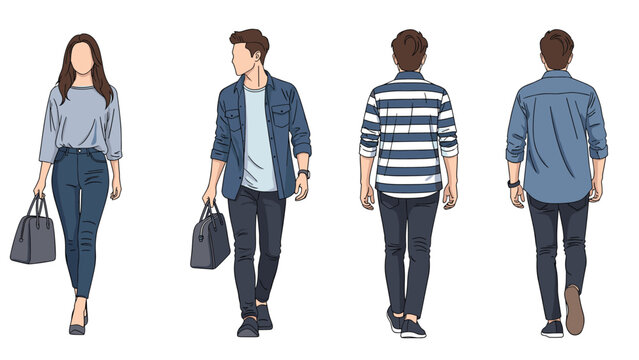 Sequence of people shown from various perspectives including front, side, and back views to demonstrate fashion and movement.