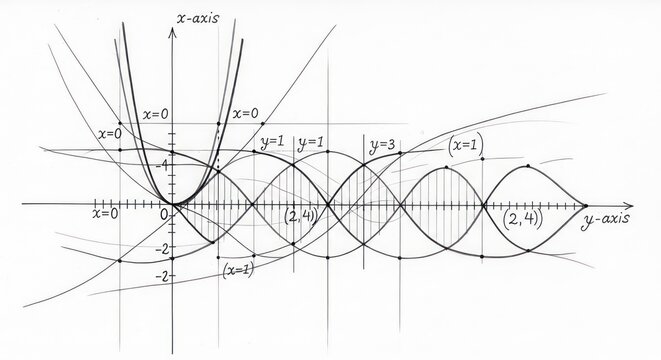 Illustrated Mathematical Graphs of Parabolas and Sine Waves on Coordinate Plane.