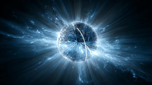 Abstract blue energy sphere pulsating with bright light rays and glowing plasma nebulae in deep space environment representing core power source and high technology digital science animation.