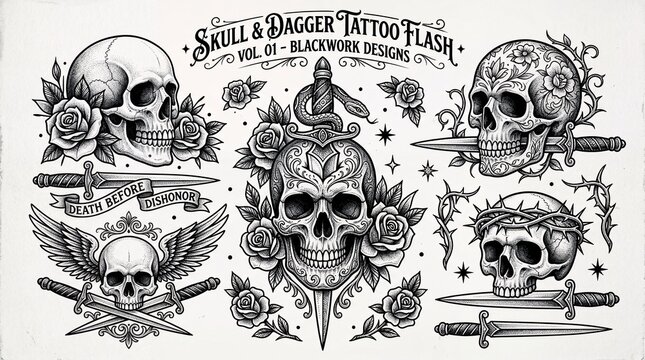 Skull dagger tattoo flash sheet blackwork vintage illustration set design