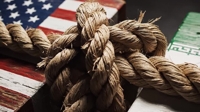 Thick rope knot binds United States and Iran flags together, symbolizing tension, fragile connection, and complex diplomatic ties under a cloudy, uncertain atmosphere of international relations.