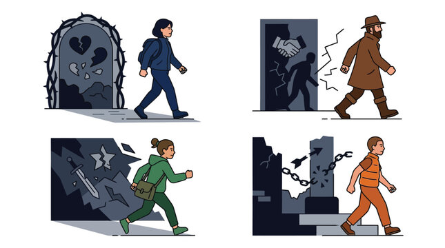 Four distinct illustrations show individuals walking away from challenging situations like heartbreak, conflict, war, and imprisonment, symbolizing resilience and moving forward.