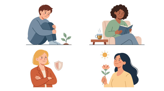 Illustrations depicting various aspects of personal well-being, including growth, relaxation, self-protection, and happiness in nature.