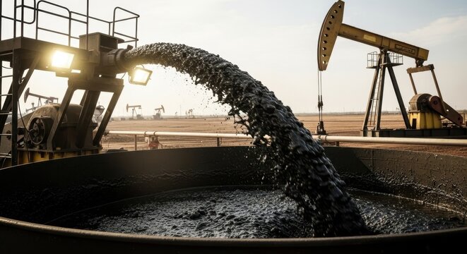 Industrial pump vigorously expels viscous crude oil into a holding basin at an energy extraction facility, showcasing the raw power of petroleum production.
