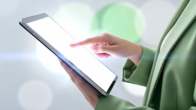 Woman touching blank screen of tablet computer held in hand, business professional using mobile device for digital work in light green blurred background 4K Video