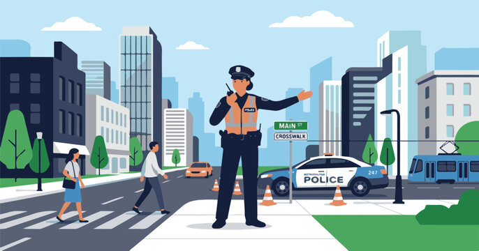 female police officer on guard on the street