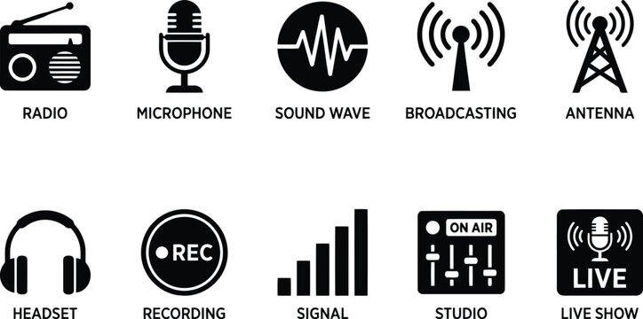 radio broadcasting icons, microphone, sound wave, antenna symbols