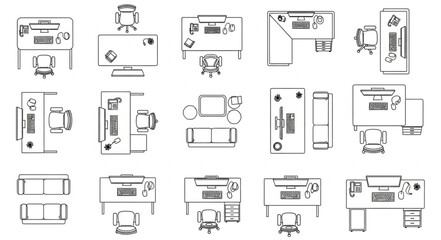 Collection of office desk top down views and side views. © Nza