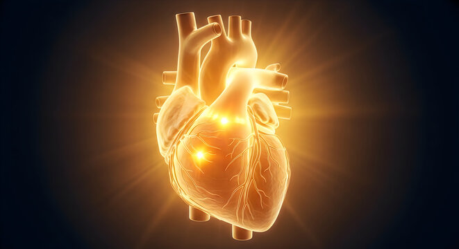 Glowing human heart with illuminated blood vessels