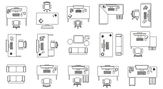 Collection of office desk top down views and side views.