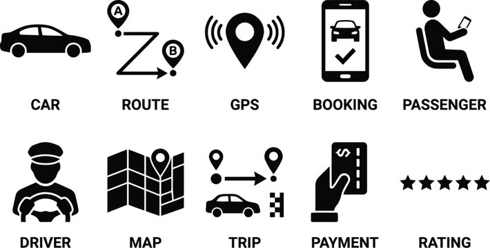 ride sharing service icons set, transportation symbols