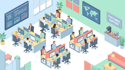 Fototapeta premium Isometric Call Center Office with Diverse Team Working at Desks, Customer Support and Help Desk Concept for Corporate Business Presentation or Digital Marketing Infographic