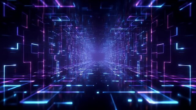 Abstract digital data tunnel with glowing blue and purple neon lines moving forward in high speed through futuristic cyberspace environment for network connectivity and big data concept clip.