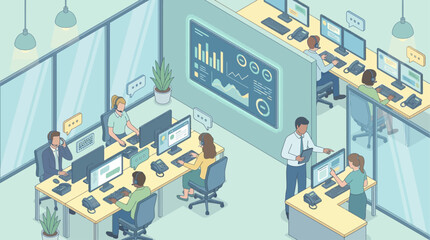 Naklejka premium Isometric Call Center Office with Diverse Team Working on Customer Support and Data Analytics, Modern Corporate Workspace Illustration for Business Presentation and Web Design