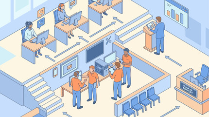 Obraz premium Isometric Call Center Office Illustration with Customer Support Team, Technical Help Desk, and Business Communication Workflow for Corporate Presentations