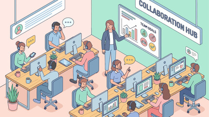 Fototapeta premium Isometric Call Center Team Working in Modern Collaboration Hub Office, Professional Customer Support Agents with Headsets and Computers, Corporate Communication and Business Productivity Concept