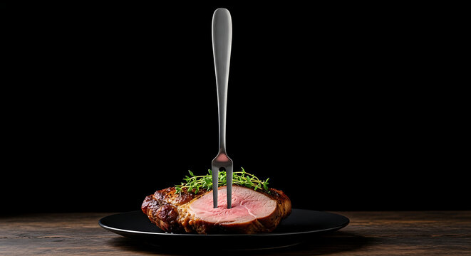 Juicy steak pierced with a fork on a dark background