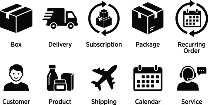 E commerce and logistics icons set, black on white background