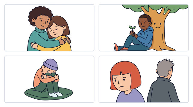 Four panels illustrating human emotions and interactions, including comfort, environmental care, sadness, and interpersonal conflict.
