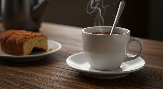 Stirring spoon in teacup with close ripple pattern and bright reflection