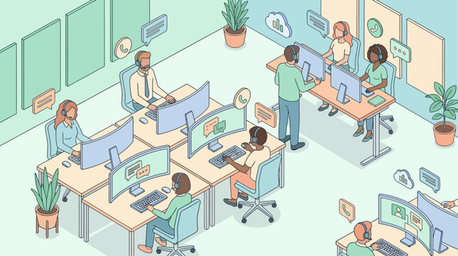 Isometric Call Center Office Illustration with Customer Support Team Working at Computers, Professional Communication and Digital Help Desk Concept for Business Presentations and Web Design