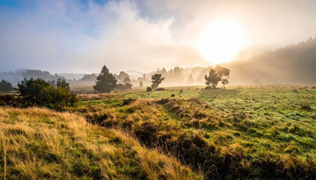 Misty Morning Sunrise Over Rolling Green Hills and Golden Grasslands.