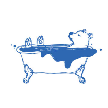 Bear relaxing in overflowing bathtub, simple line art illustration for bathroom decor, children posters, nursery prints and playful lifestyle design projects.