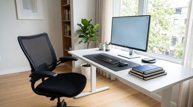 Ergonomic Mesh Chair at White Desk with Monitor and Wireless Charger